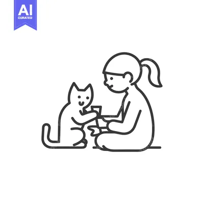 Aset premium populer: Girl Sitting with a Cat Reaching Out to Her
