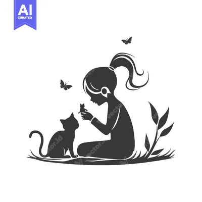 Aset desain premium: Girl Sitting with Cat and Butterfly, Holding Kitten