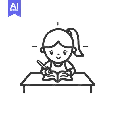 Premium design asset: Girl Student Studying at a Desk with a Book and Pencil
