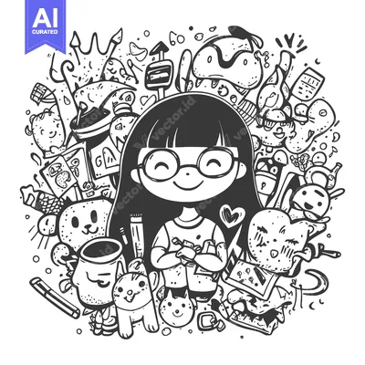 Aset desain premium: Girl Surrounded by Doodle Characters and Objects