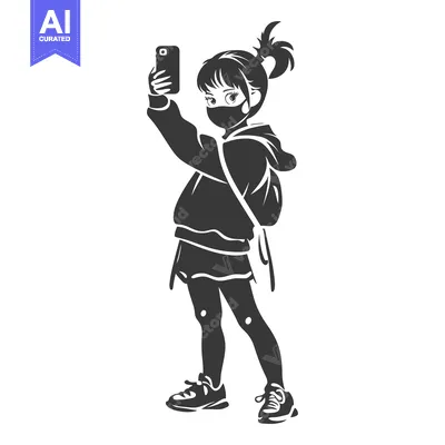 Aset desain premium: Girl Taking Selfie with Smartphone While Wearing Face Mask