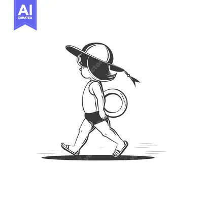 Aset desain premium: Girl Walking on Beach with Floatie and Hat