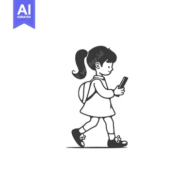 Aset premium populer: Girl walking with a backpack and looking at a phone