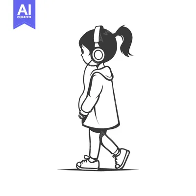 Premium design asset: Girl Walking with Headphones and Ponytail