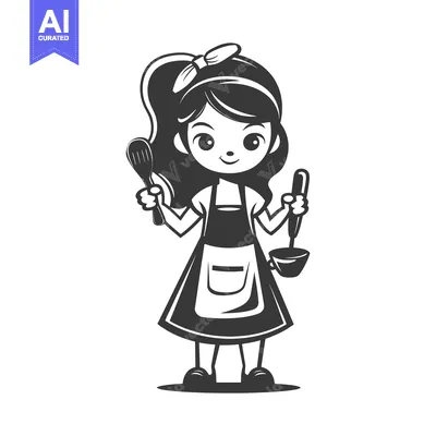 Aset desain premium: Girl Wearing Apron Holding Cooking Utensils