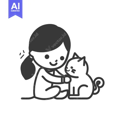 Premium design asset: Girl with a Cat Sitting and Smiling