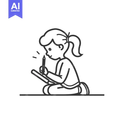 Aset desain premium: Girl with a pencil and paper sitting on the floor