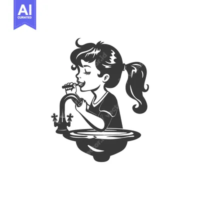Aset premium populer: Girl with a ponytail brushing her teeth in a bathroom sink