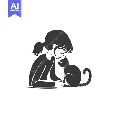 Premium design asset: Girl with a ponytail looking down at a black cat