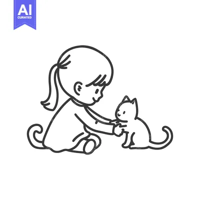 Aset desain premium: Girl with a Ponytail Petting a Sitting Cat