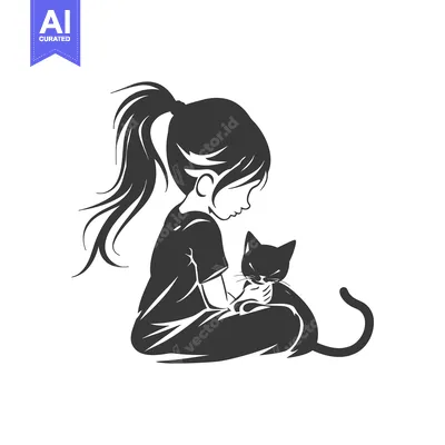 Premium design asset: Girl with a ponytail sitting and holding a cat