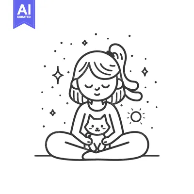 Girl with Cat Sitting in Yoga Pose with Sun and Stars Around Her