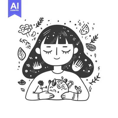 Aset desain premium: Girl with Closed Eyes Holding a Planet with Flowers and Stars Surround