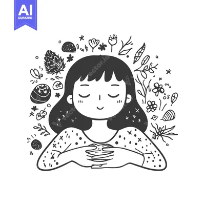 Premium design asset: Girl with closed eyes surrounded by floral elements