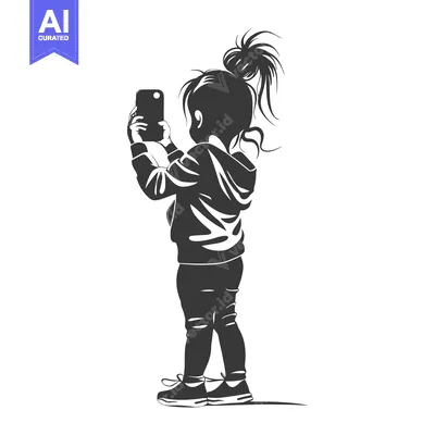 Aset desain premium: Girl with Ponytail Taking a Photo with Smartphone