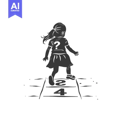 Aset premium populer: Girl with Question Mark on Shirt Playing Hopscotch