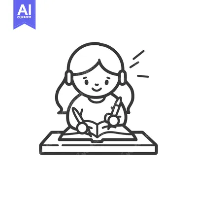 Aset desain premium: Girl Writing in a Book with Pens and a Happy Expression