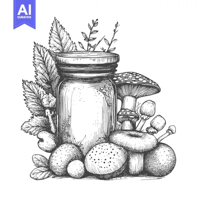 Aset desain premium: Glass Jar Surrounded by Mushrooms, Berries, and Foliage