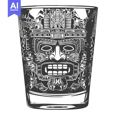 Aset desain premium: Glass with a stylized Mayan mask design