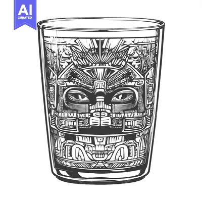 Aset desain premium: Glass with Ornate Inca Design Depicting a Face