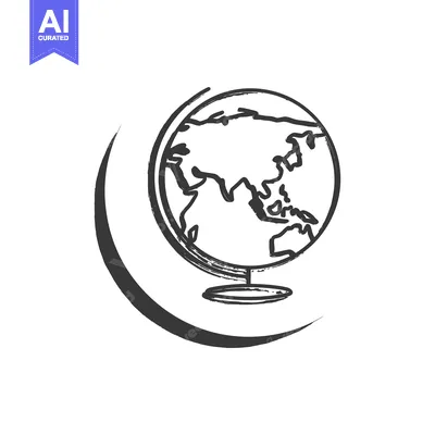 Aset desain premium: Stylized Globe Sketch with Crescent Moon Shape, Black and White Illust