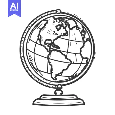 Aset desain premium: Detailed hand drawn monochrome globe illustration on a stand