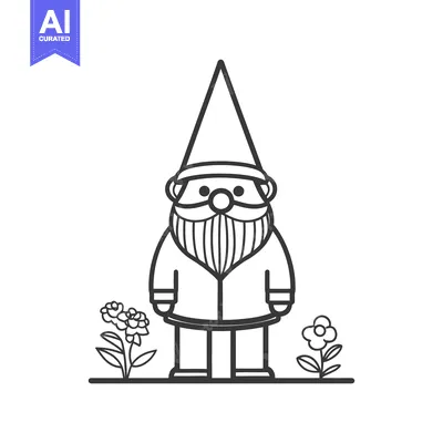 Aset premium populer: A cartoon image of a garden gnome standing between flowers