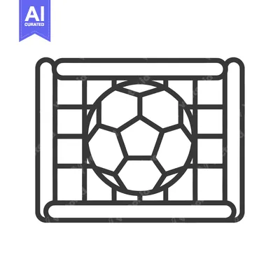 A black and white graphic depicting a soccer ball in a net