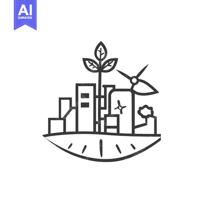 Aset desain premium: A green city icon with buildings a plant and turbine