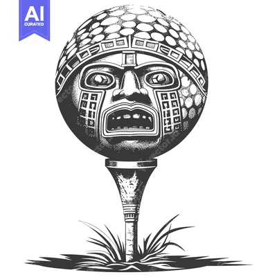 Aset desain premium: Golf Ball with Mayan Mask Design on Tee