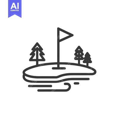 Aset desain premium: Minimalist Golf Course Icon with Flag, Trees, and Water