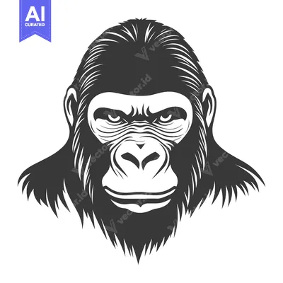 Aset premium populer: A detailed black and white illustration of a gorilla face