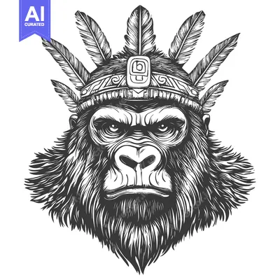 Aset desain premium: Gorilla Wearing a Feathered Headband and Headdress