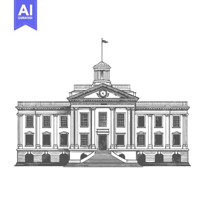 Aset desain premium: Grand Classical Building with Columns and Flag
