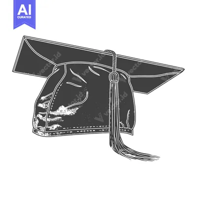 Aset premium populer: A detailed black and white illustration of a graduation mortarboard ha