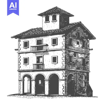 Premium design asset: A Vintage Sketch Of A Multi Story Italian Style House