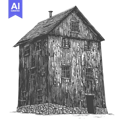 Aset premium populer: A weathered wooden building with stone base