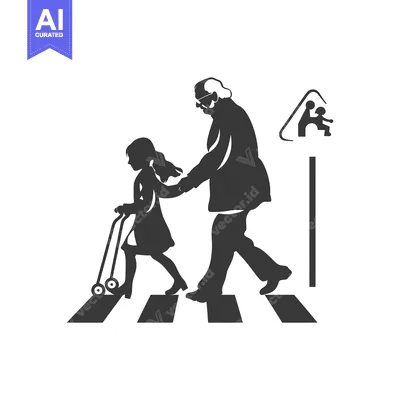 Aset desain premium: Grandmother and Grandchild Crossing the Street with a Toddler Crossing