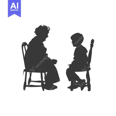Aset desain premium: Grandmother and Grandchild Sitting in Chairs, Silhouetted