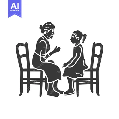 Premium design asset: Grandmother and granddaughter seated, talking