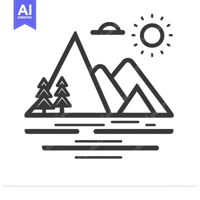 Aset premium populer: A stylized black and white linear landscape scene featuring the mounta