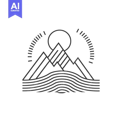Aset premium populer: Simple graphic illustration featuring mountains a sun and wavy lines