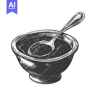 Popular premium asset: Bowl of dark sauce with spoon inside
