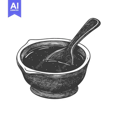 Aset premium populer: Stone Bowl with Spoon Contains Dark Liquid Mixture