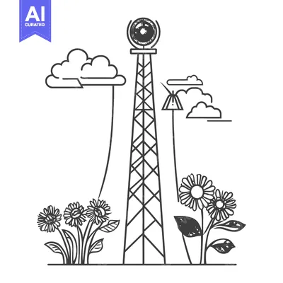 Aset desain premium: A stylized illustration showcasing communication tower with flowers an