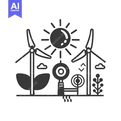 Aset desain premium: Symbolic depiction of renewable energy sources and the sun