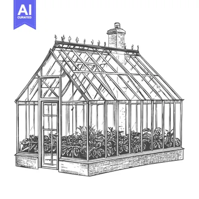 Premium design asset: A Detailed Drawing Of A Classic Greenhouse With Plants Inside