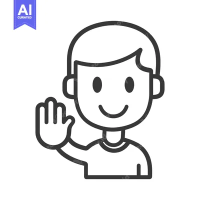 Aset desain premium: A simple outlined illustration of a young boy waving hello