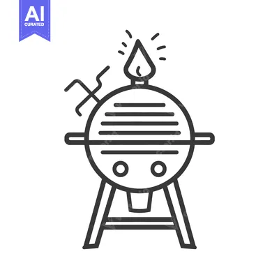 Aset desain premium: A simple line drawing of a charcoal grill and flame