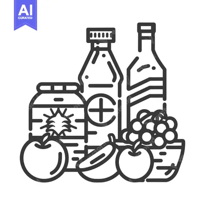 Aset desain premium: Assortment of fruits and drinks depicted with line art illustration